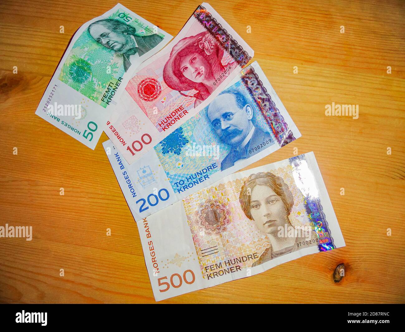 Norwegian colorful banknotes Kroner 50 100 200 and 500 notes green red,  blue and yellow Stock Photo - Alamy