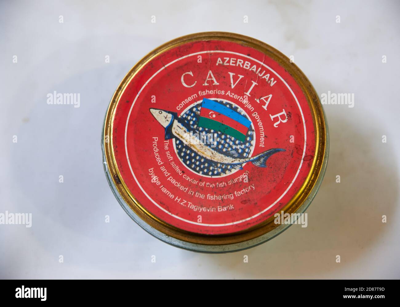 Baku, Azerbaijan - February 11, 2020: Red tin can of Azerbaijani caviar on sale at the Teze Bazaar in Baku, Azerbaijan. Stock Photo