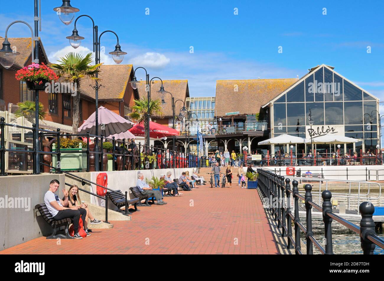 Bars and restaurants at The Waterfront development in Sovereign Harbour Marina, Eastbourne, East Sussex, England, UK Stock Photo