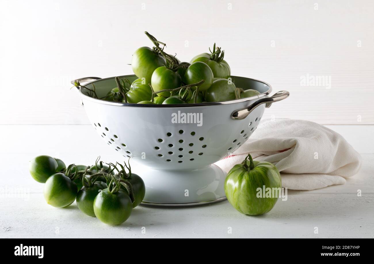 Unripe green tomatoes in colander and on table in white wooden kitchen background, unripe tomatoes can be fried or used for relish, selective focus Stock Photo