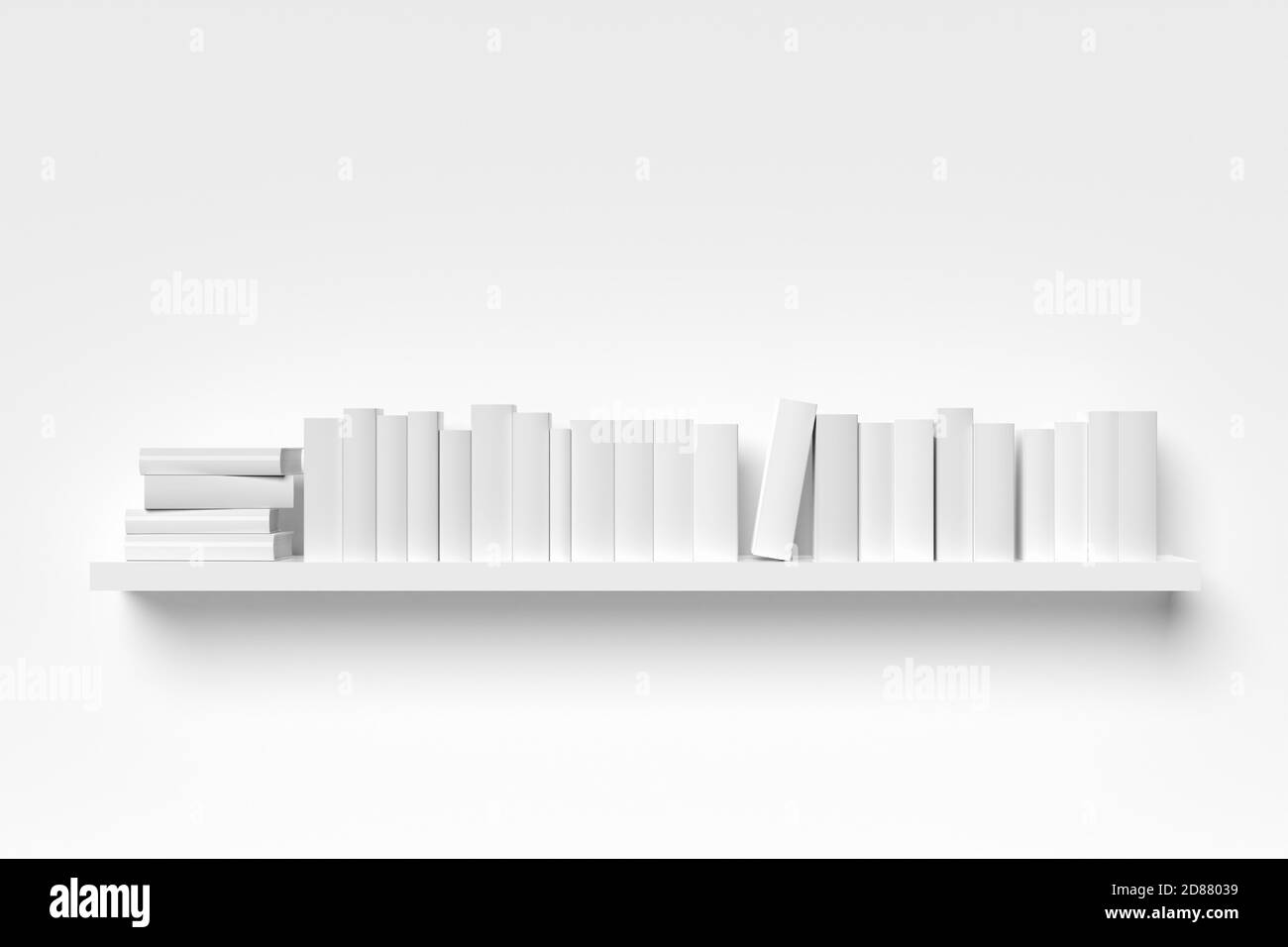 Single book shelf with white books on white wall, literature, book collection or