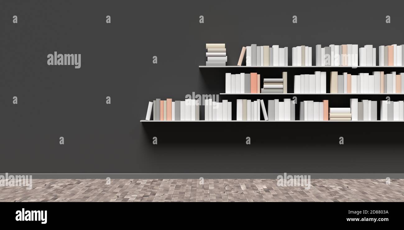 Multiple book shelves with books on dark black wall in room with wooden ...