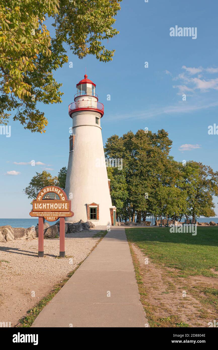 Marblehead Lighthouse State Park on Lake Erie, Marblehead, Ohio on a fall day. The oldest Great Lakes lighthouse in continuous operation. Stock Photo