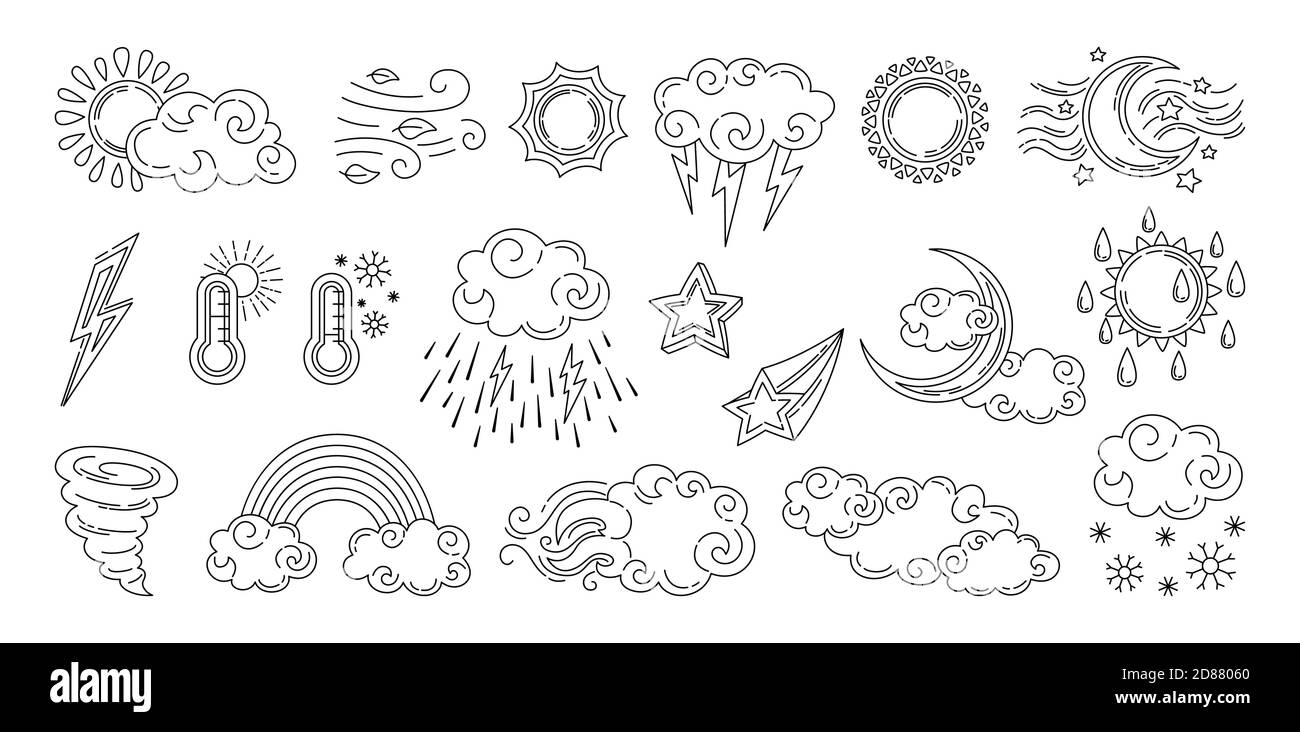 Weather doodle set. Black line hand drawn sun and clouds, rain or snow ...