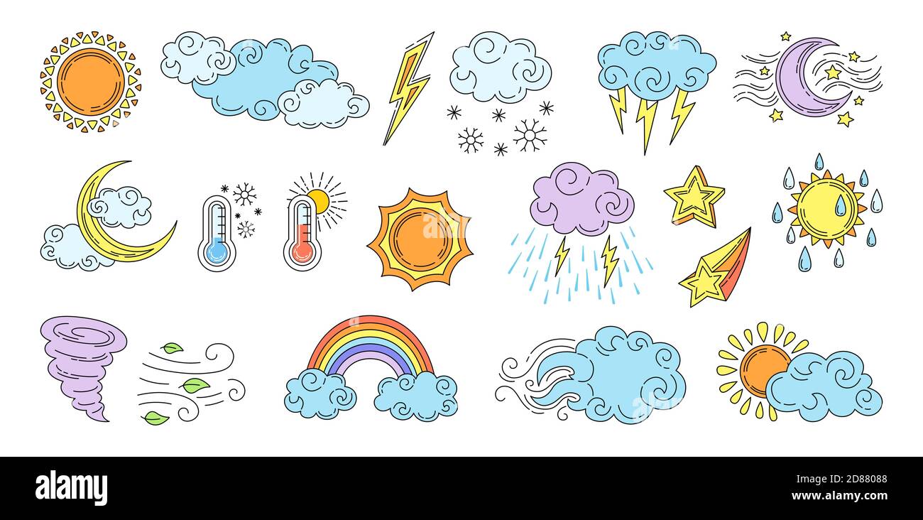 Weather cartoon set. Linear hand drawn sun and clouds, rain or snow, lightning, moon, star, rainbow. Symbols forecast weather. Vector outline colored collection. Meteorological infographics signs Stock Vector Image & Art - Weather cartoon set. Linear hand drawn sun and clouds, rain or snow, lightning, moon, star, rainbow. Symbols forecast weather. Vector outline colored collection. Meteorological infographics signs Stock Vector Image & Art -