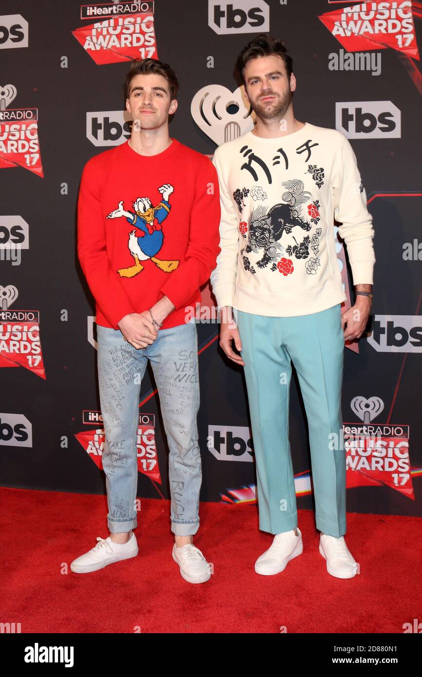 LOS ANGELES - MAR 5:  The Chainsmokers, Andrew Taggart, Alex Pall at the 2017 iHeart Music Awards at Forum on March 5, 2017 in Los Angeles, CA Stock Photo