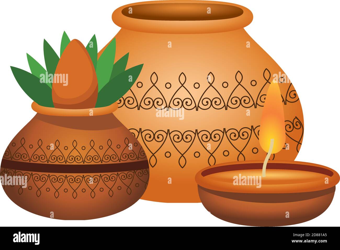 hindu ceramic pot with houseplant and candle decorative icons vector