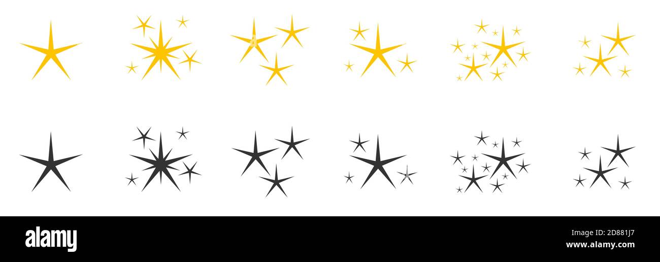 Flat yellow black silhouettes sparkles symbol icon set. Decoration starry twinkle shiny flash. Glitter bright different shape, burst firework glowing light effect Isolated on white vector illustration Stock Vector