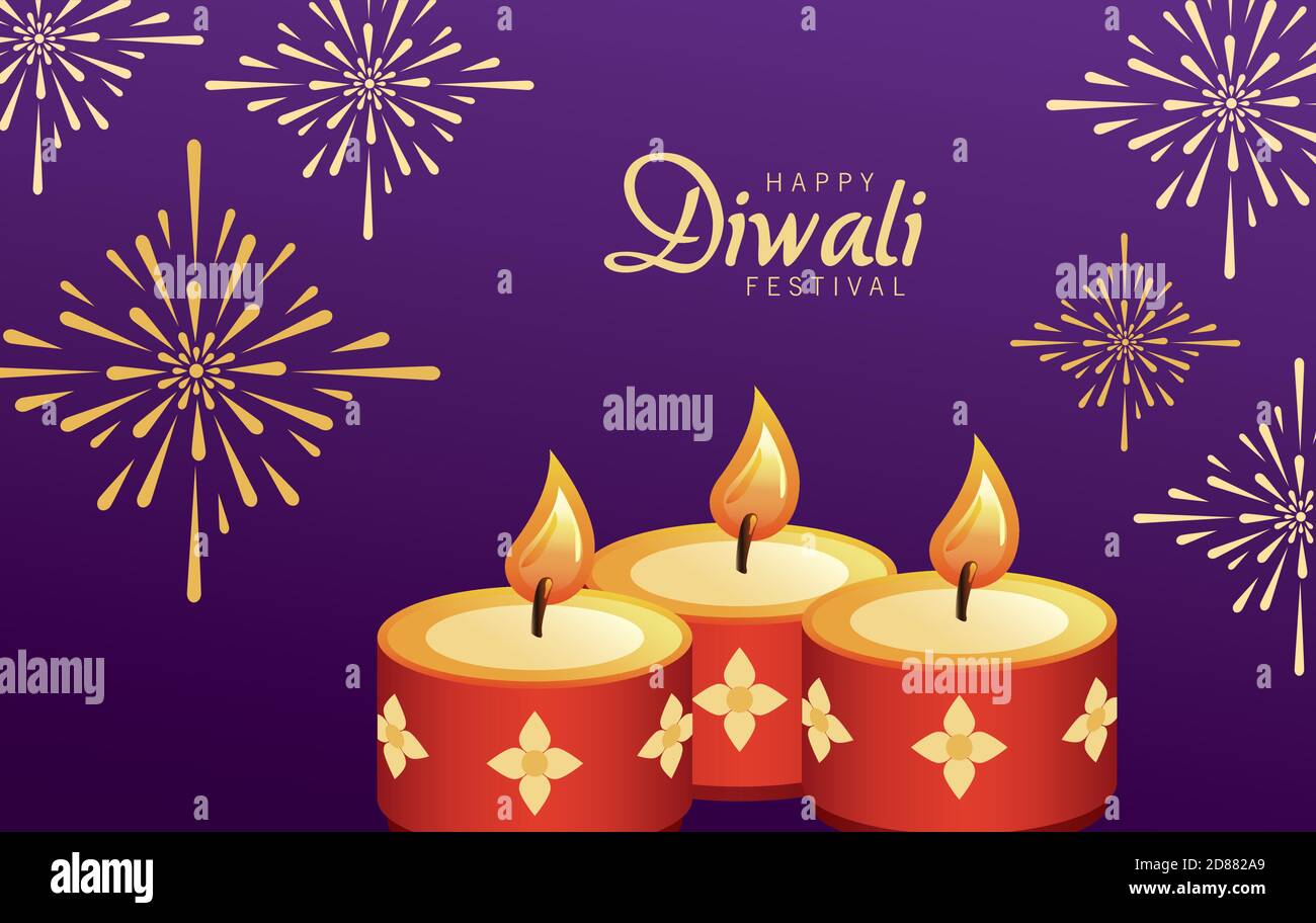 happy diwali celebration with three red candles and fireworks ...