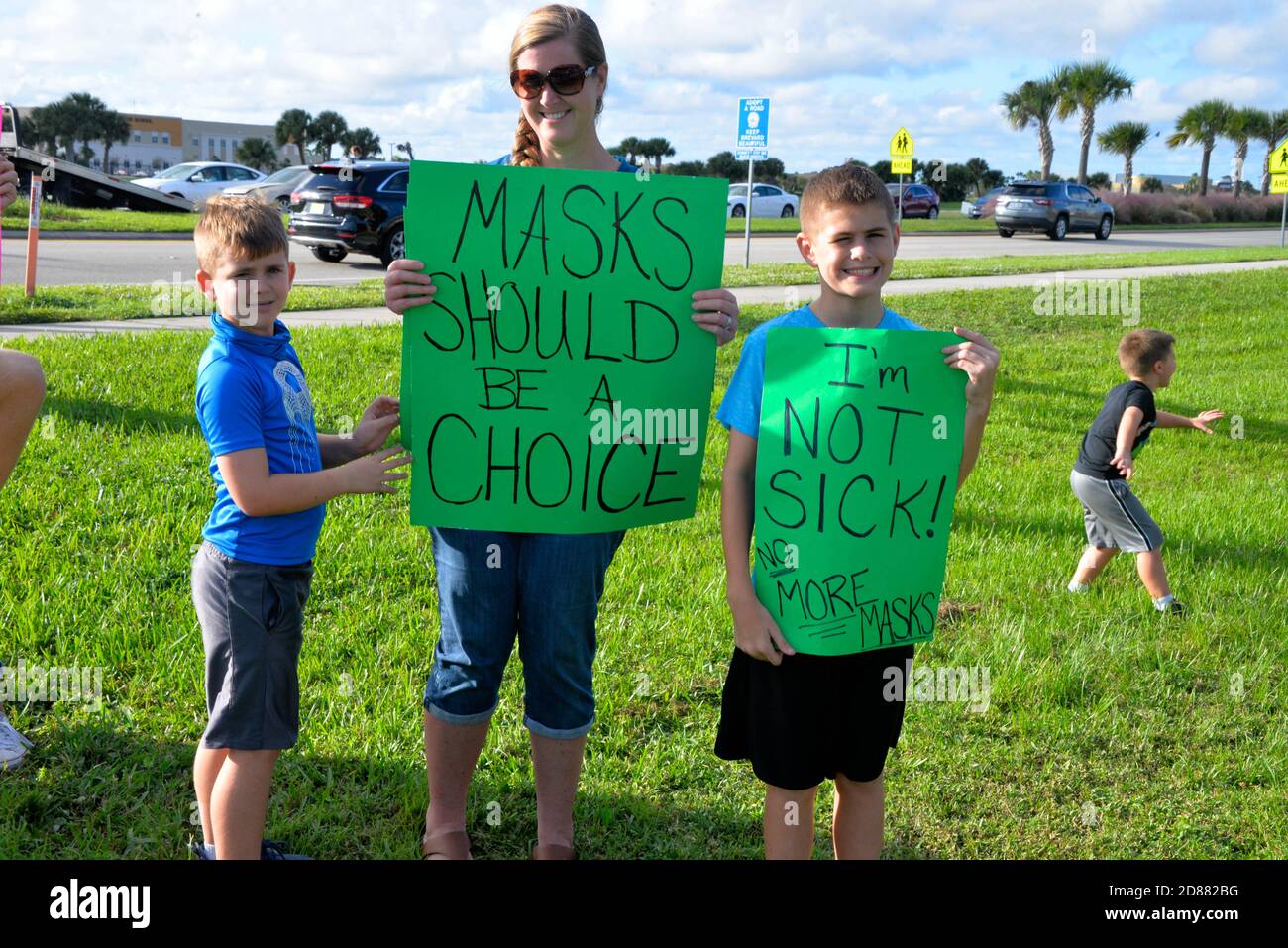 Viera, Brevard County, Florida, USA. October 20, 2020. One week before the Brevard County School Board meeting a group has already started to protest outside the school board building. The group wants the board to rescind the mandatory face mask requirement for students due to the Corona 19 virus. Credit: Julian Leek/Alamy Live News Stock Photo