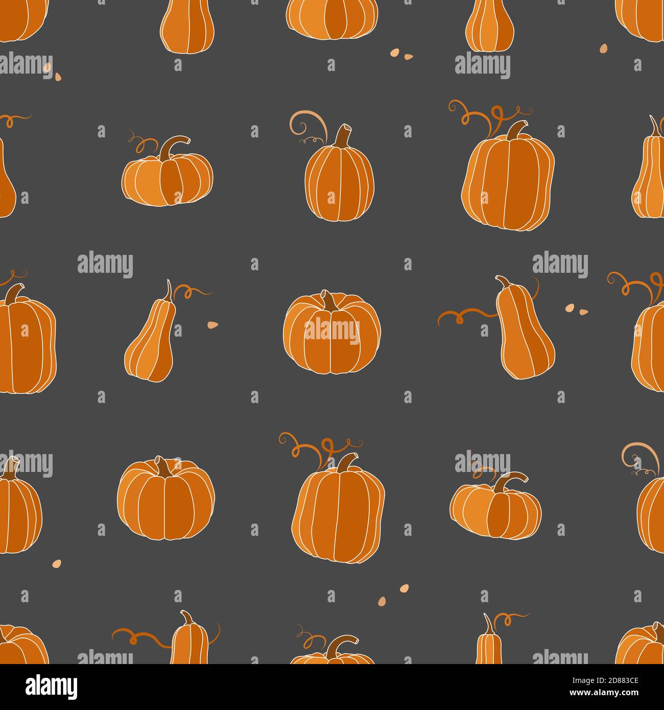 Pumpkin vector seamless pattern. Orange pumpkins on a dark background.  Stock Vector