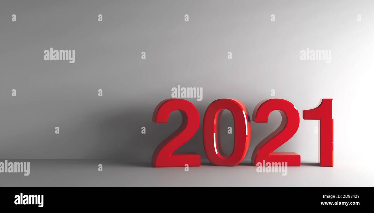 Red 2021 on grey background, represents the new year 2021, three-dimensional rendering, 3D illustration Stock Photo