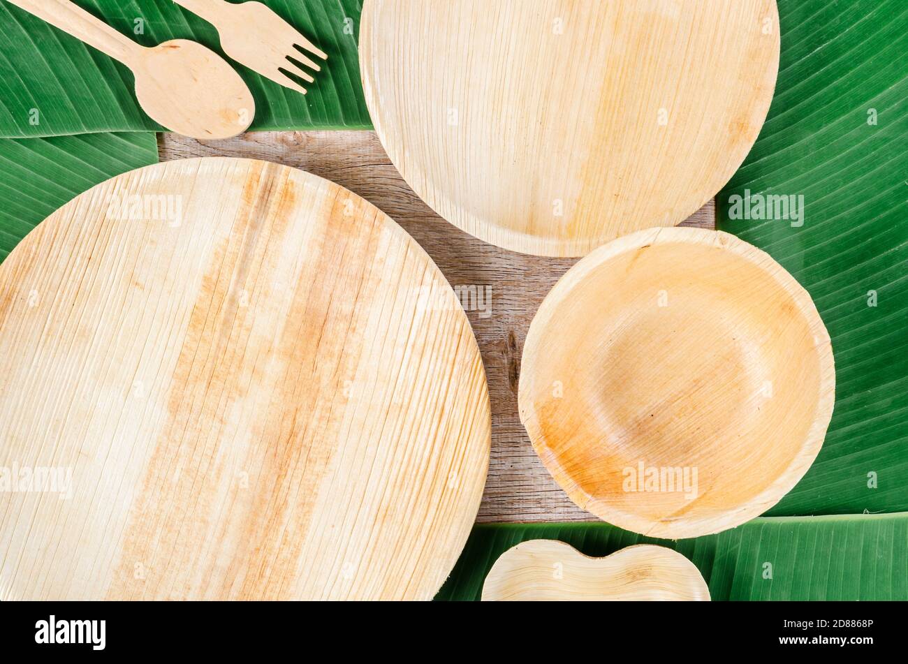 Kitchenware made from dried betel nut leaf palm, natural material. The