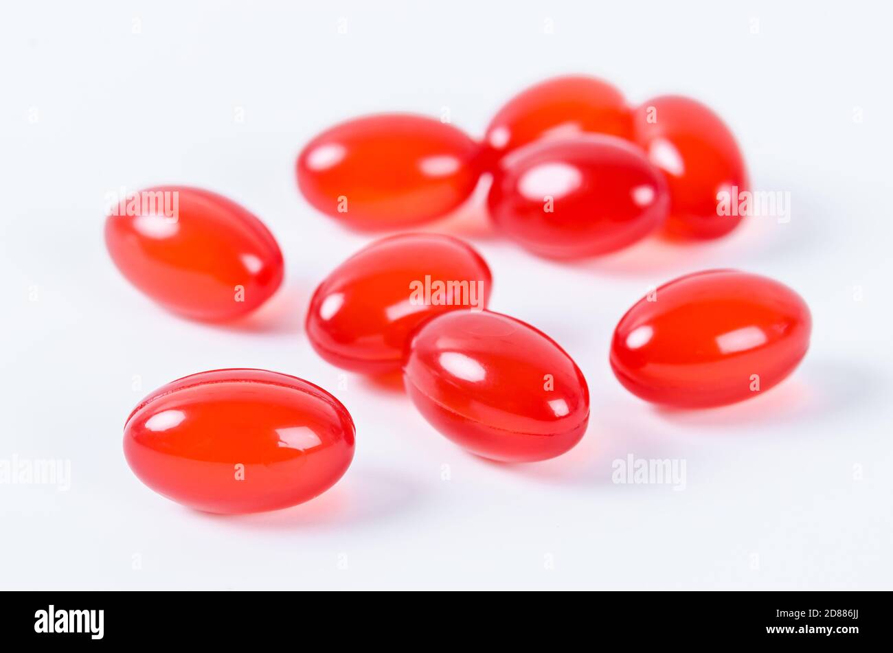 Vitamin Coenzyme Q10 isolated on a white background. To prevent aging. Pills and medicine Stock Photo