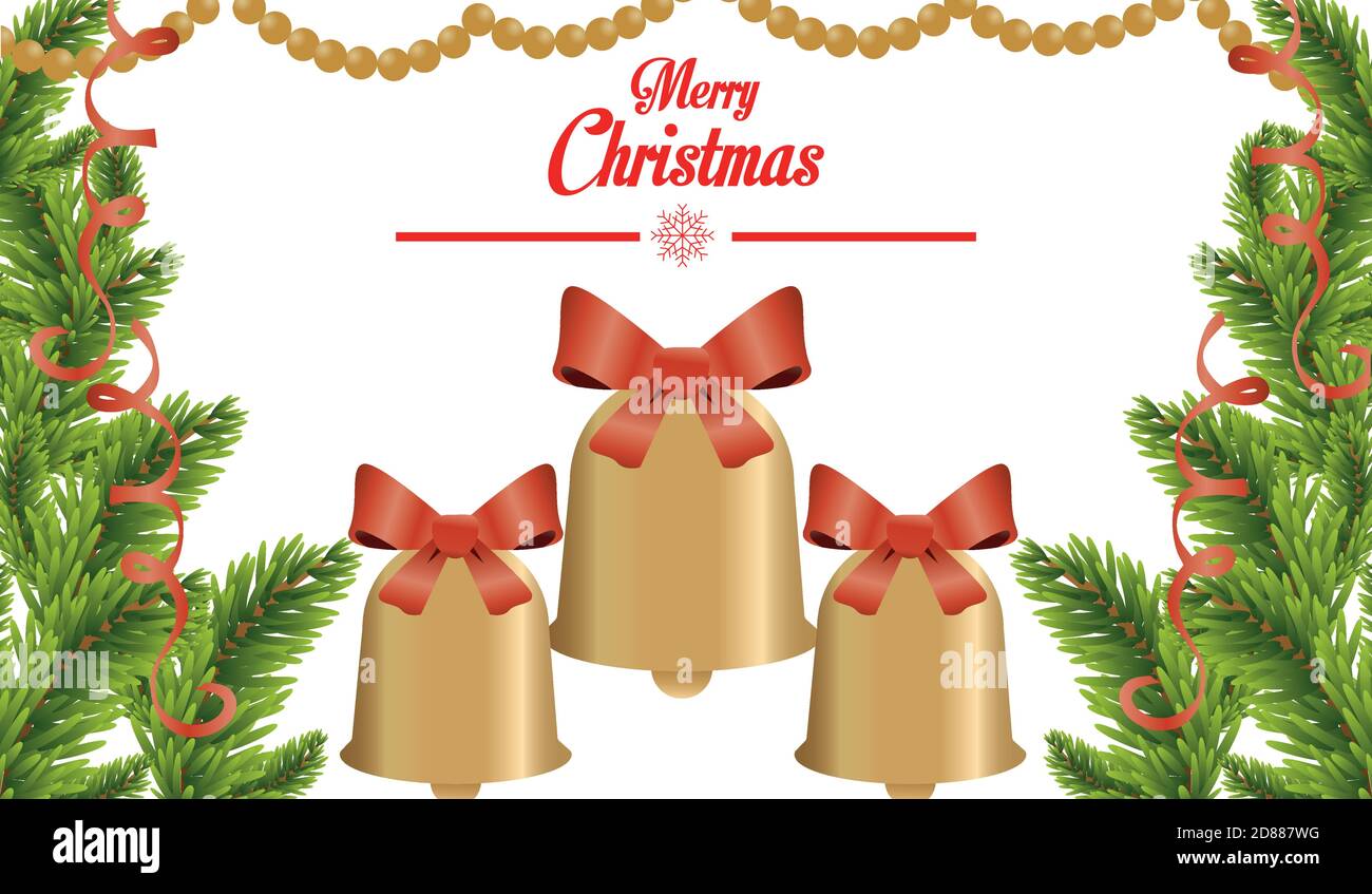 happy merry christmas card with golden bells and pine branches vector ...