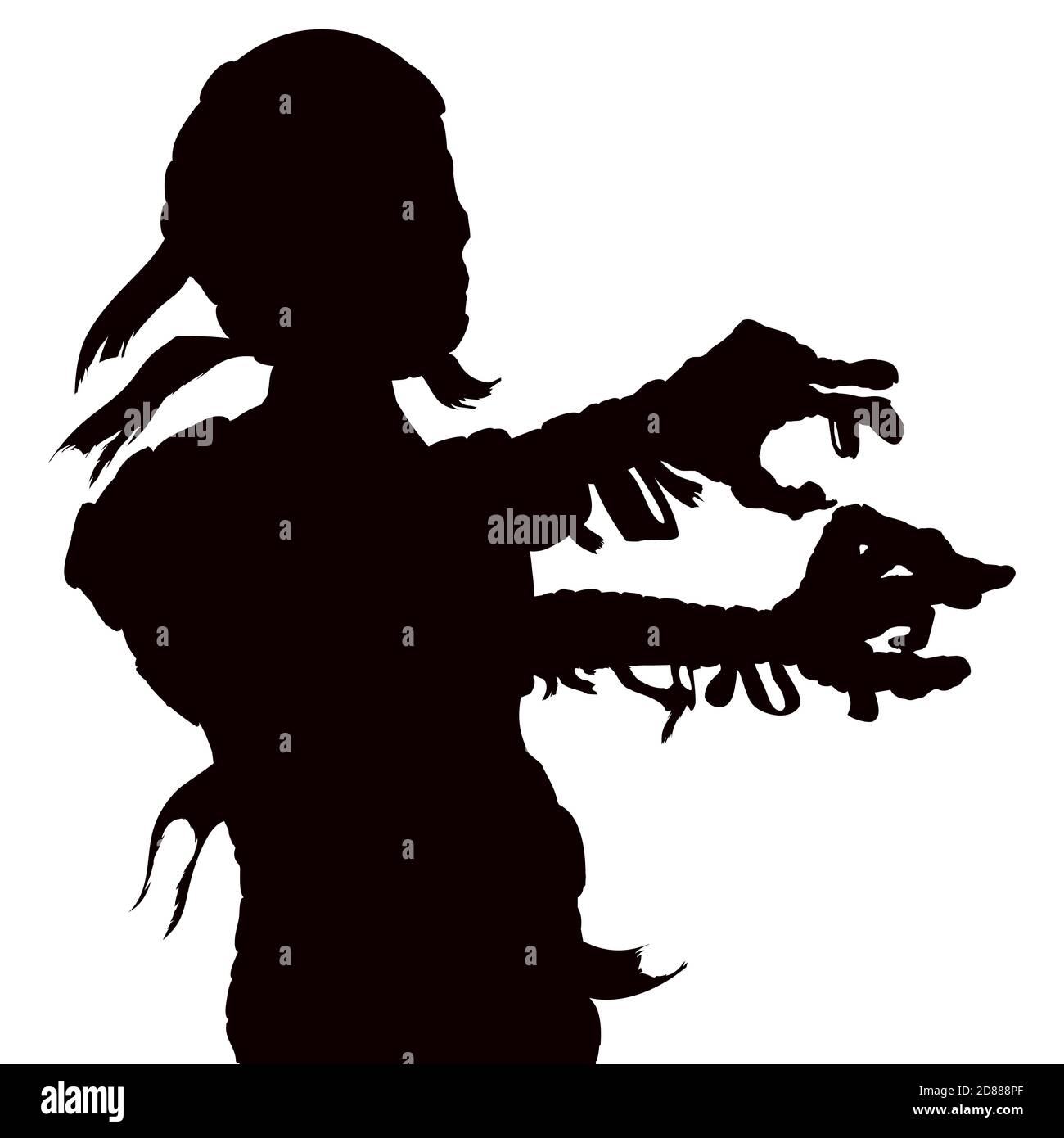 Dark silhouette of cursed mummy walking and hauling its bandages, isolated over white background. Stock Vector