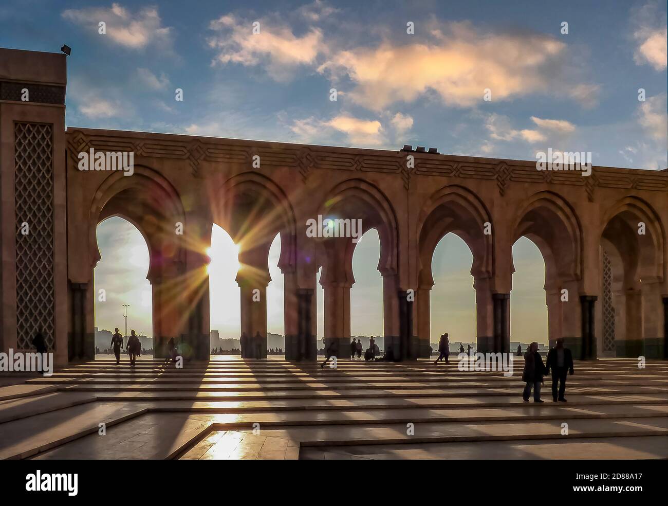 Casablanca, Morocco - December 09, 2012: Sunset at the third largest mosque in the world, Mosque Hassan II Stock Photo