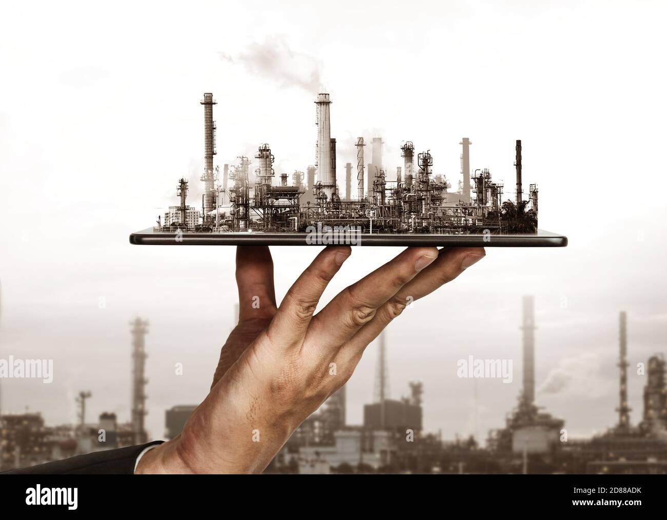 Future factory plant and energy industry concept in creative graphic design. Oil, gas and petrochemical refinery factory with double exposure arts Stock Photo