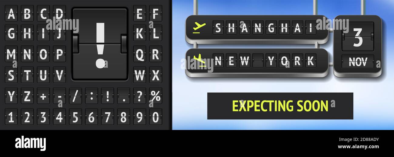 Analog airport and train terminal scoreboard font. Vector 3D airline departure board with destination in Shanghai and New York. Realistic flip airport board template. Stock Vector