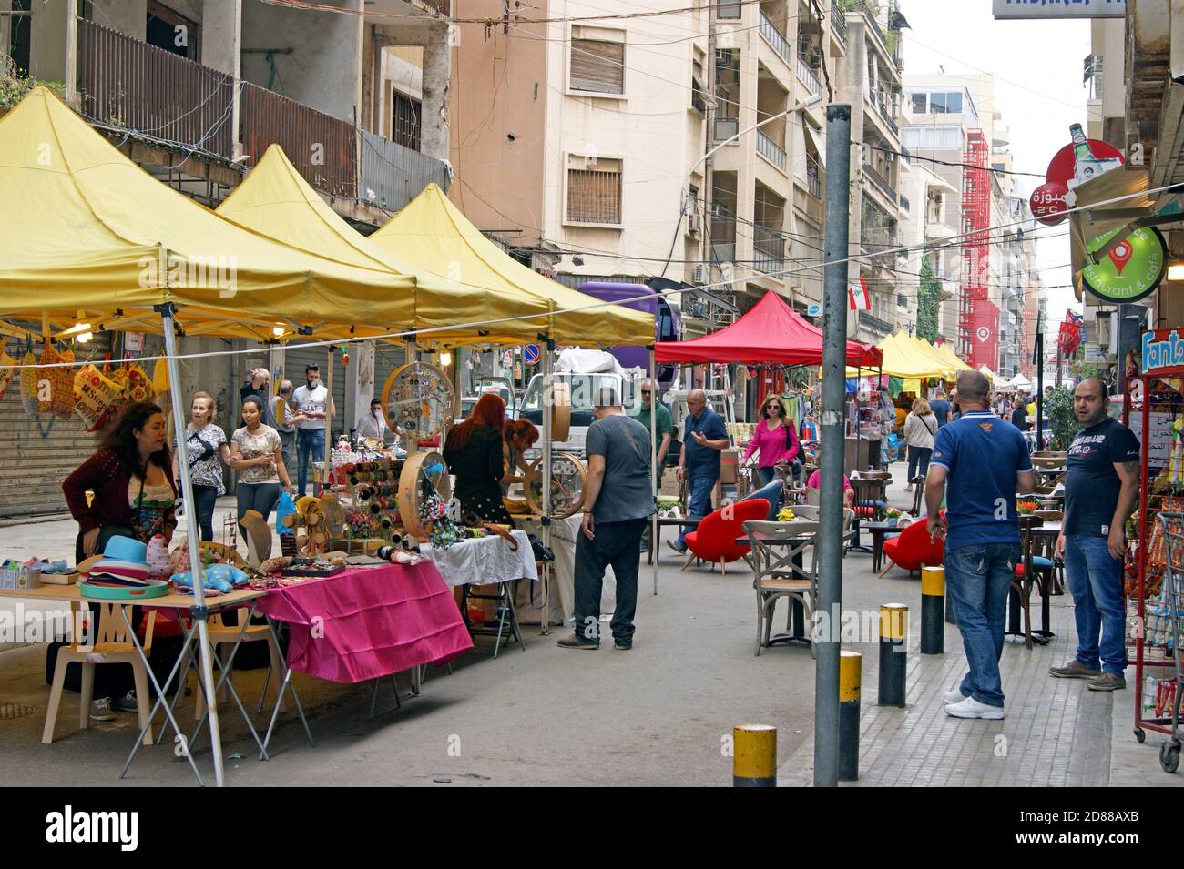 Lebanese enjoy a street fair in the Hamra neighborhood in Beirut, Lebanon. Stock Photo