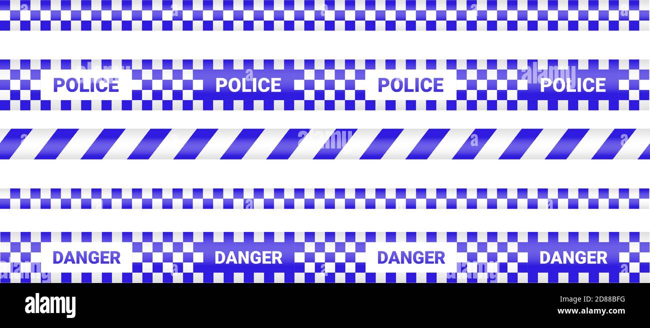 Police tape, crime danger line. Barricade police lines isolated. Warning and barricade tapes. Set of blue warning ribbons. Vector illustration Stock Vector