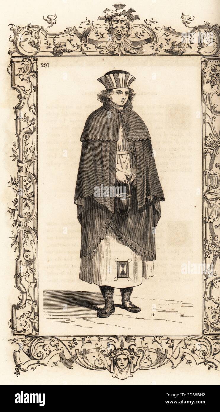 Costume of a woman of Lolland (Denmark) or Gotland (Sweden), 16th century.  She wears a short cape over a cassock-style robe, skirt with small  colourful square. She has short hair and a