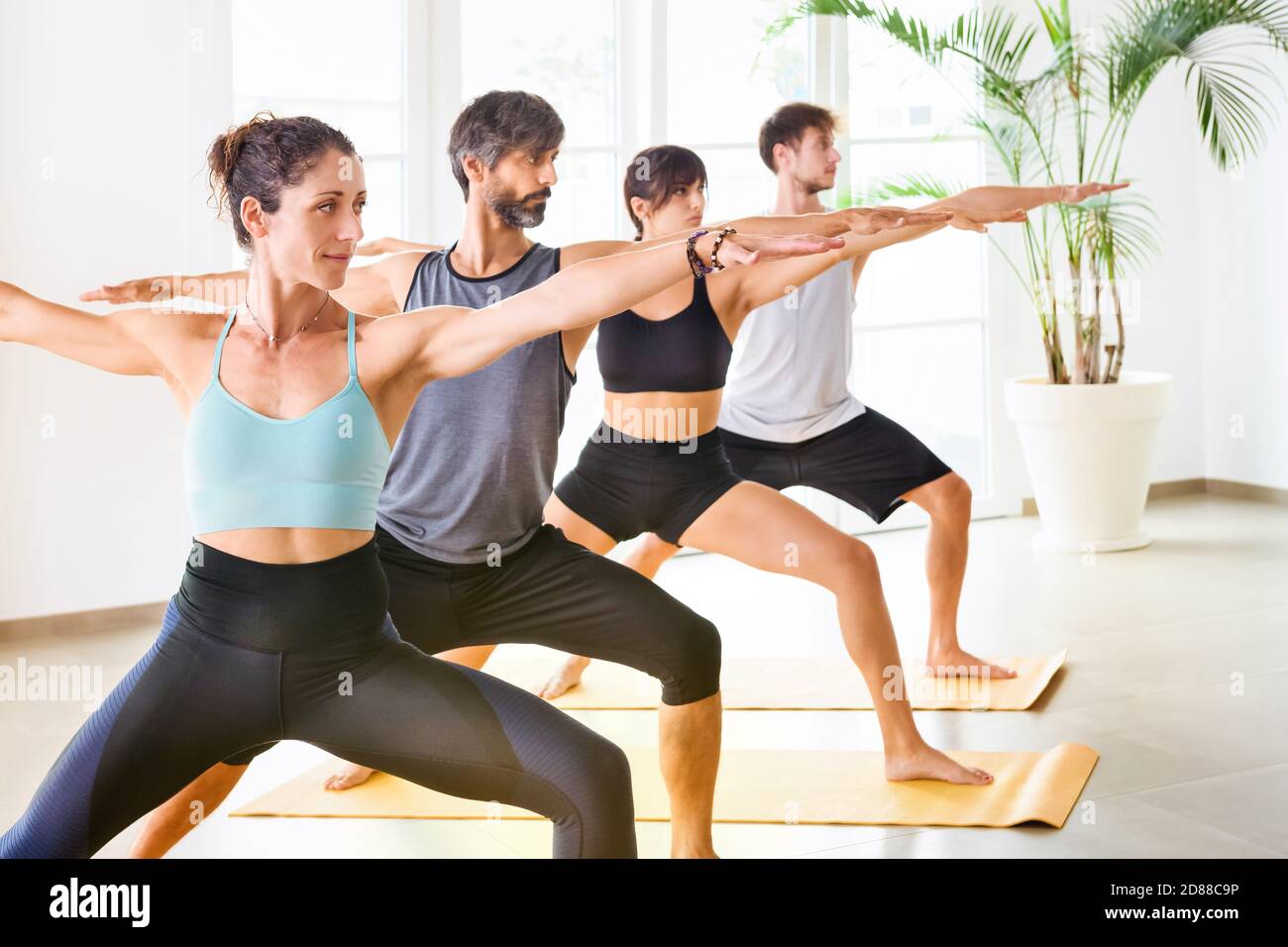 Group of people, women and men during yoga class standing in a row and doing Warrior yoga pose. Indoor side portrait in spacious bright gym room Stock Photo