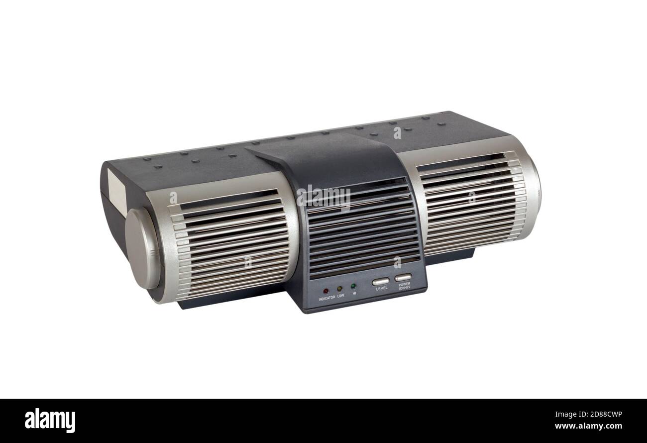 Electronic air purifier appliance with ionizer and fan. Isolated on