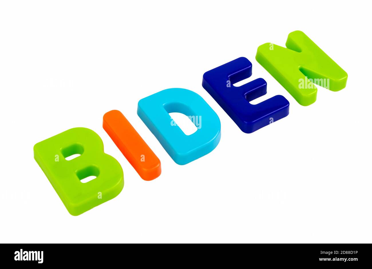 US presidential candidate Joseph Biden last name written in multicolored plastic letters on a white background. Concept for the electoral campaign. Stock Photo