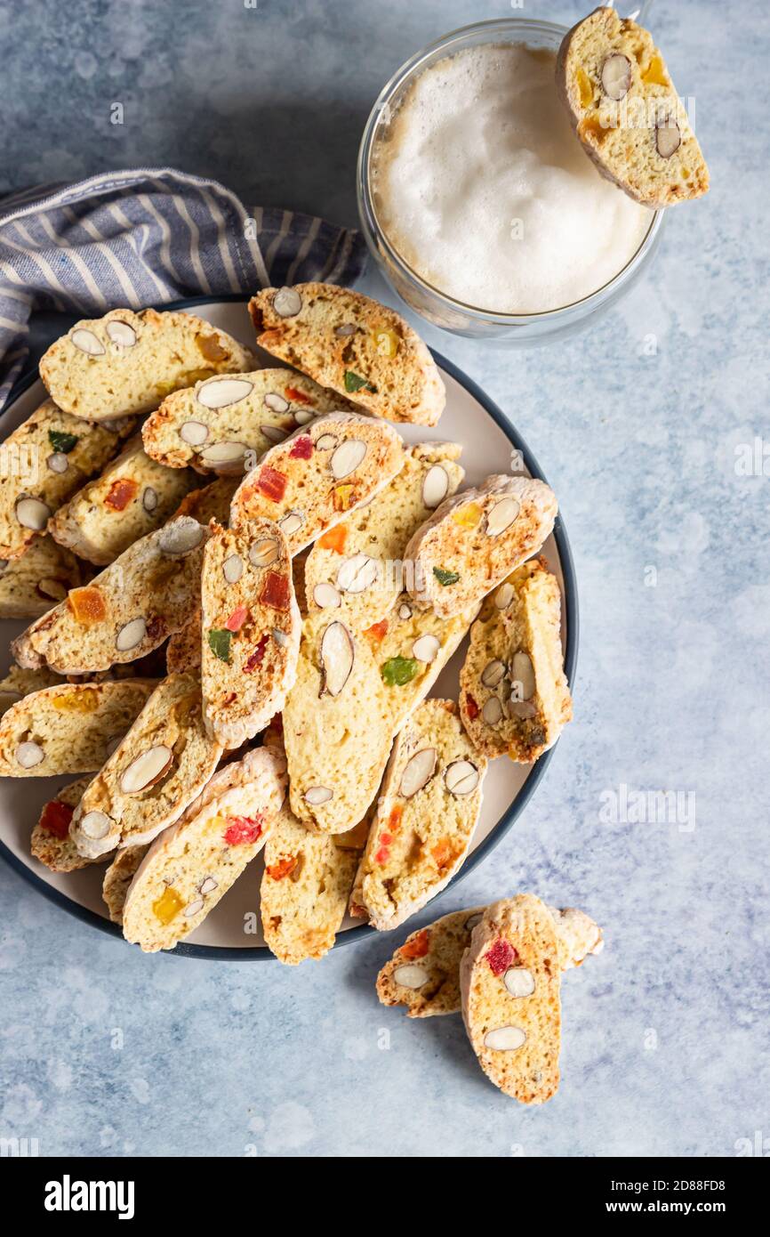 Italian homemade biscotti or cantuccini with almond and dry fruits and
