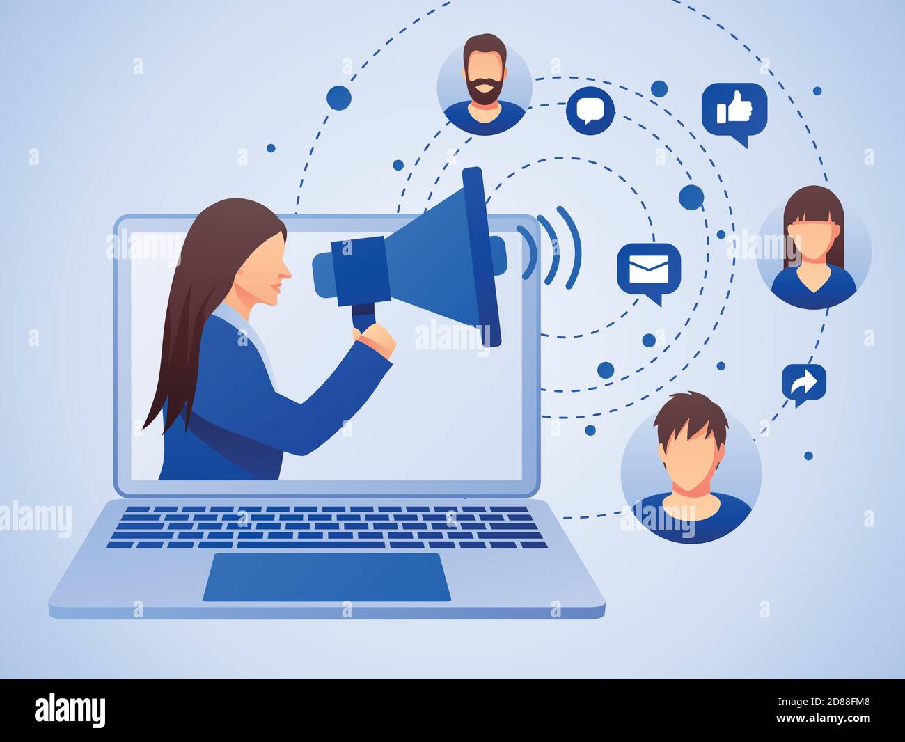 Public relations and marketing background with symbols and people. Social media marketing concept. Flat style design with gradient. Modern vector. Stock Vector