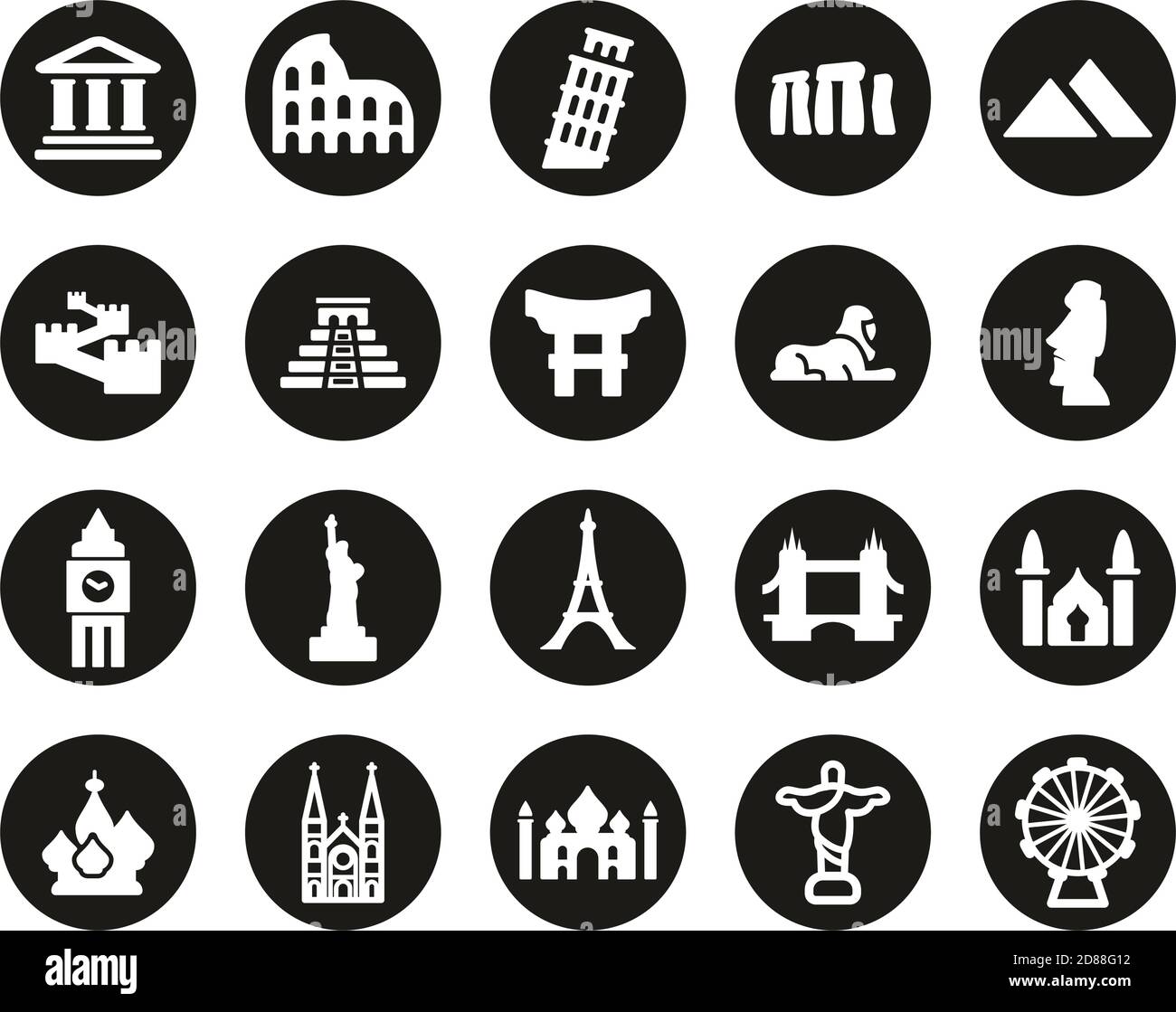 Landmarks Of The World Icons White On Black Flat Design Circle Set Big Stock Vector