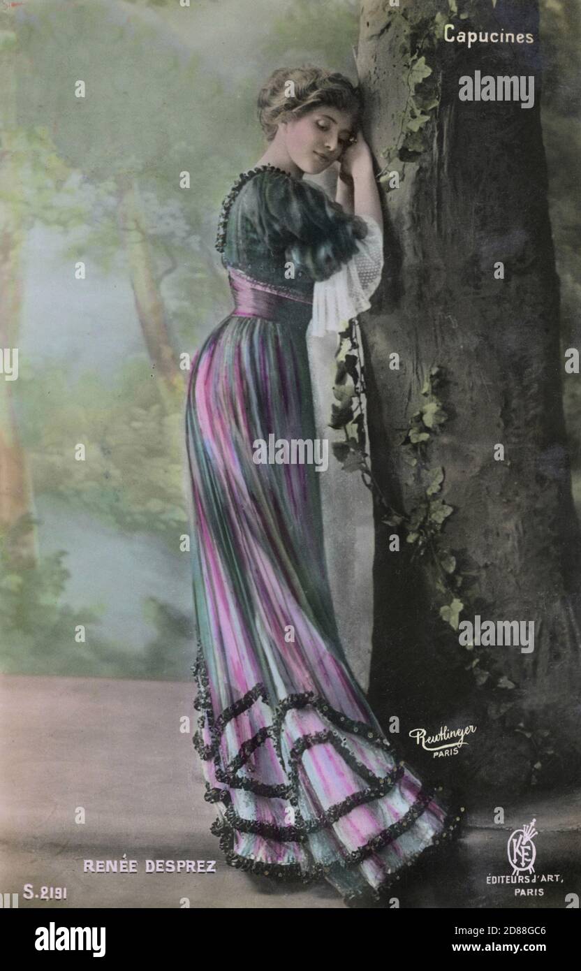 Vintage Postcard. Renee Desprez (French actress) leaning against tree - photo by Reutlinger, Paris c 1907- colored postcard - postmarked Saone et Loire (France) 8 Oct 1907 - restored from original postcard by Montana Photographer. Stock Photo