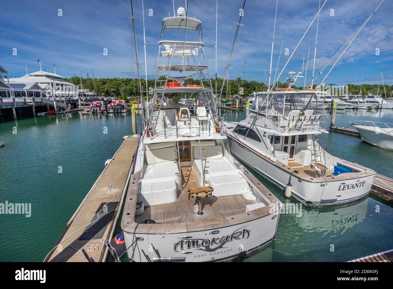game fishing boats moored at Crystalbrook Superyacht Marina Port Douglas, North Queensland, Australia Stock Photo