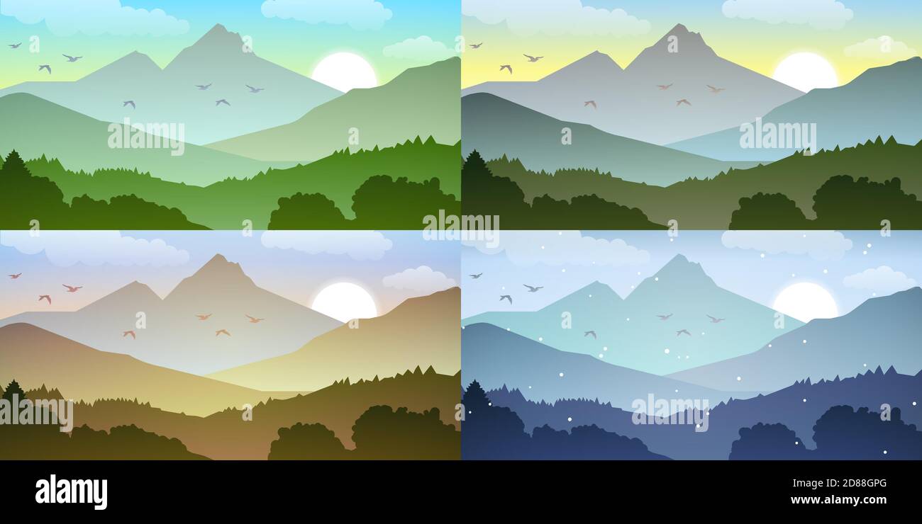 Set of four seasons - spring, summer, autumn, winter. Vector background of beautiful landscape with green hills, bright color blue sky. Background in Stock Vector