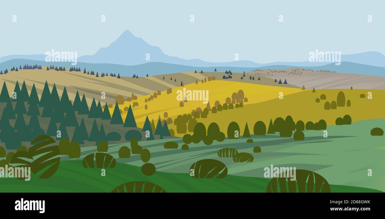 Vector background of beautiful landscape with green hills, fields and meadows, background in flat cartoon style - polygonal landscape illustration. Stock Vector