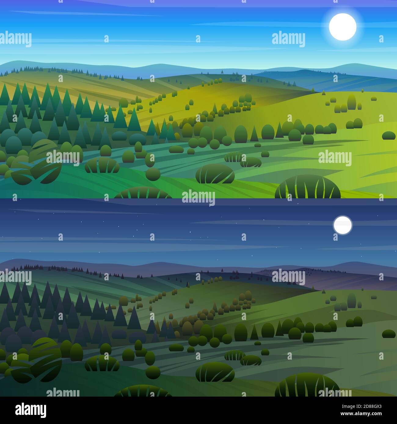 Set of two vector background of beautiful day and night landscape - green hills, bright color blue sky, meadows and fields. Background in flat cartoon Stock Vector