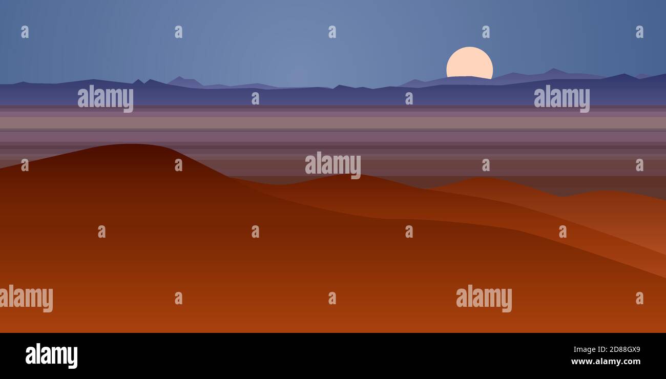 Vector background of beautiful night desert landscape with hills, background in flat cartoon style - polygonal landscape illustration. Stock Vector