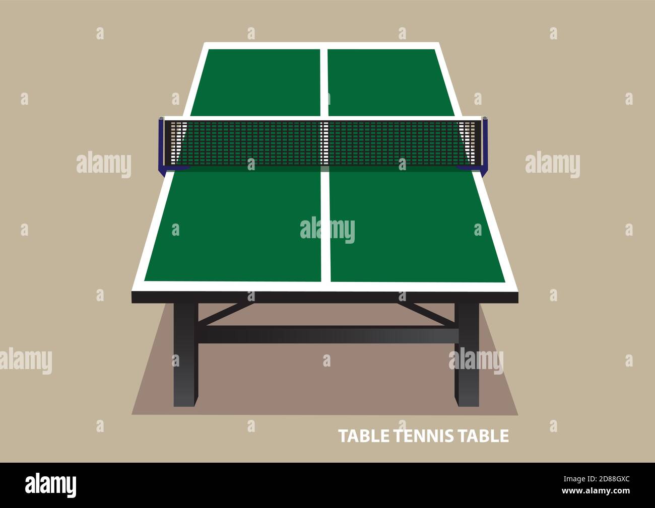 Vector illustration of green wooden table tennis table viewed from one end in high angle shot isolated on plain pale brown background. Stock Vector