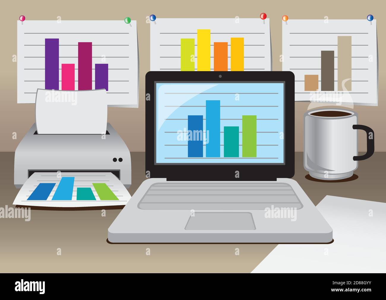 vector office computer, printer and coffee with business diagrams Stock Vector