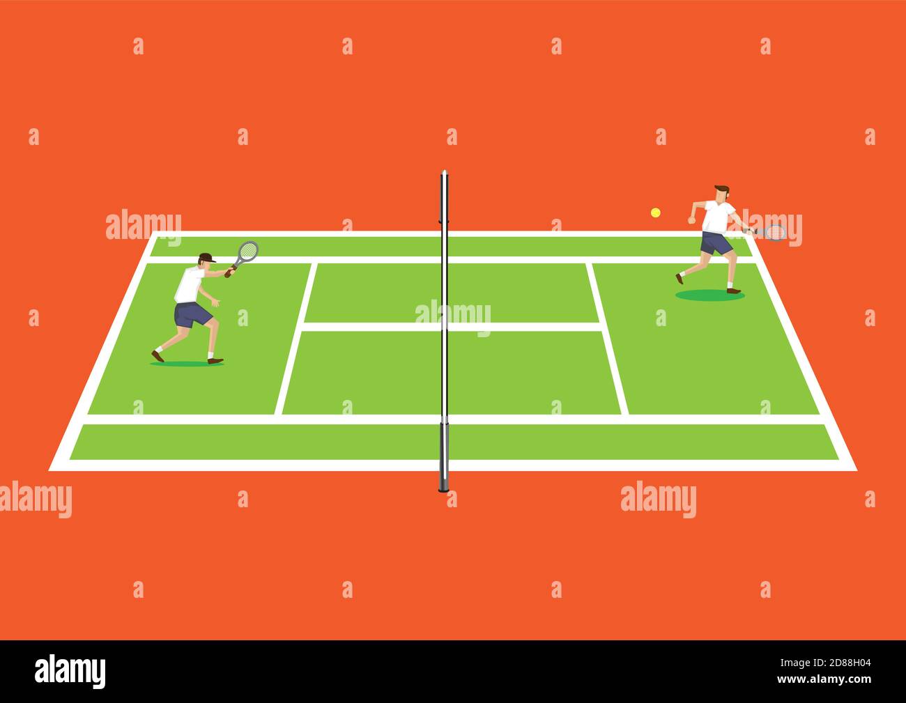 Vector illustration of two tennis players having a game in tennis court from the side in elevation view isolated on vibrant orange background. Stock Vector