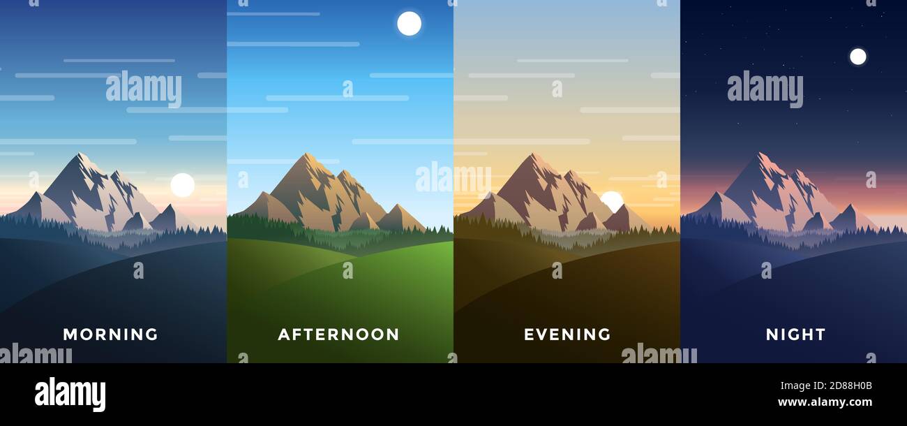 Set of four vector background of times of the day. Beautiful mountain landscape with colorful sky. Background in flat cartoon style - polygonal landsc Stock Vector