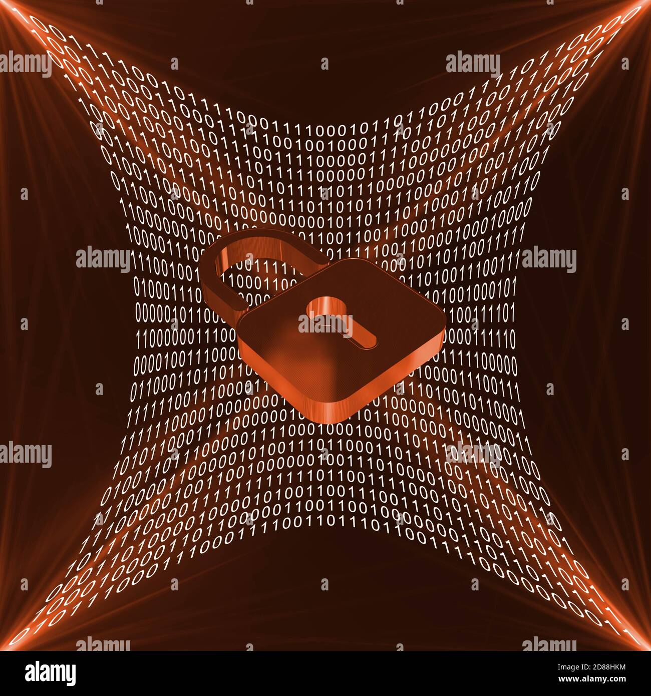 Binary code on orange background  with light effects - closed padlock symbolic for data security shown in front - cyber internet or network concept Stock Photo