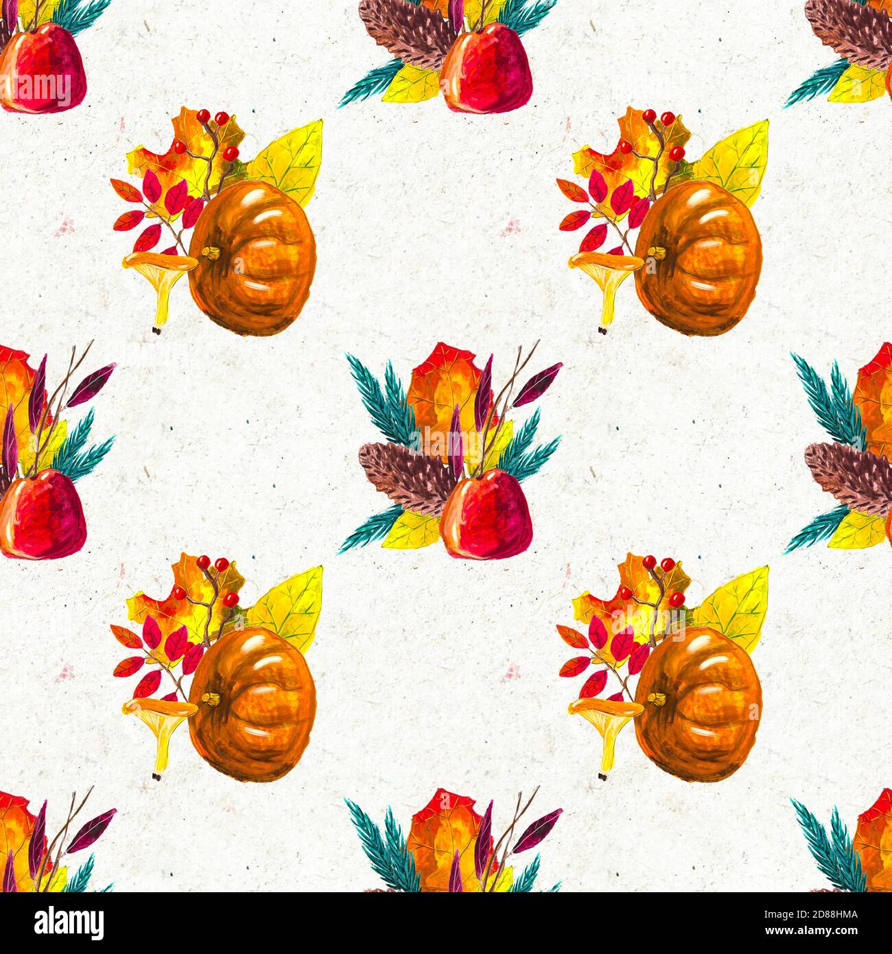 Autumn watercolor hand drawn seamless pattern with leaves mushrooms and ...