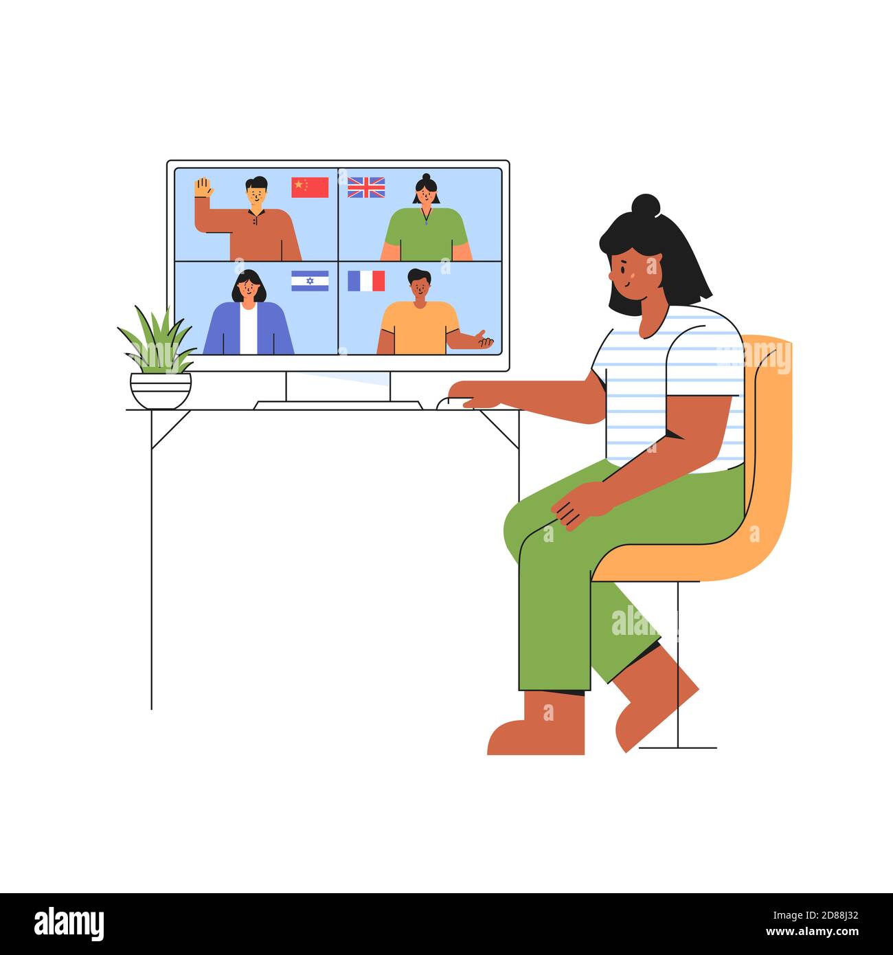 Distance online education concept. Girl chooses a course to study a foreign language on the website. E-learning at home. Trendy vector illustration Stock Vector