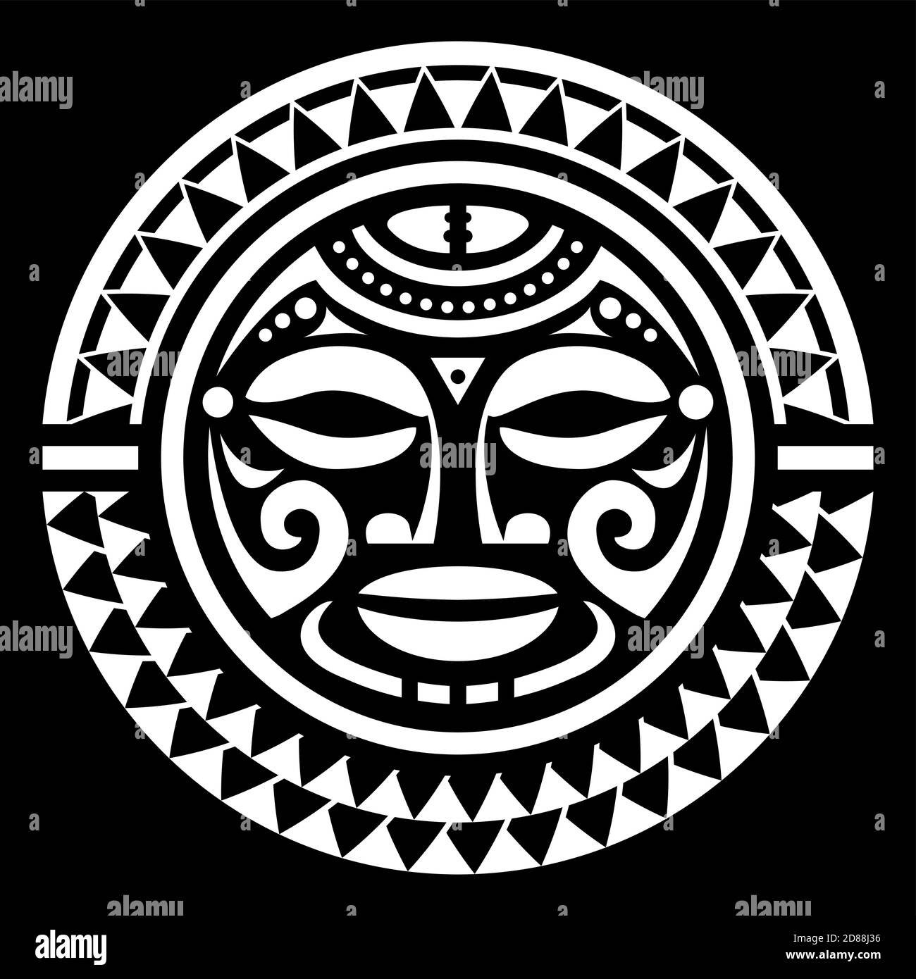 Polynesian Maori face tattoo vector mandala pattern, Hawaiian man tribal design in white on black Stock Vector