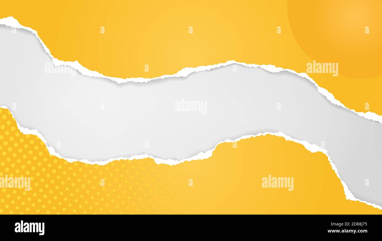 Pieces of torn yellow paper with abstract sun in corner are on white