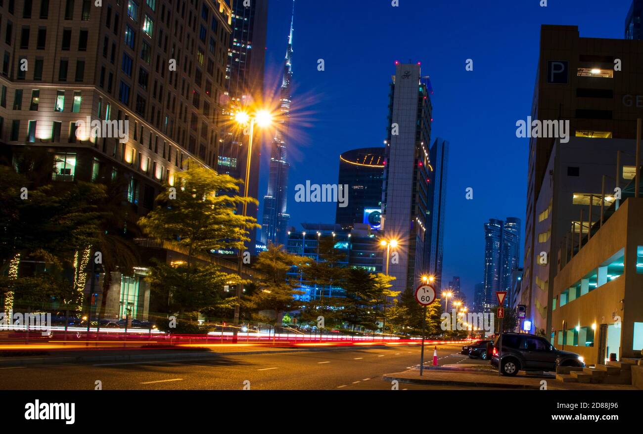 Light Trails On Dubai Financial Center Road Address Sky View And Ritz Carlton Hotel Can Be Seen In The Picture Outdoors Stock Photo Alamy