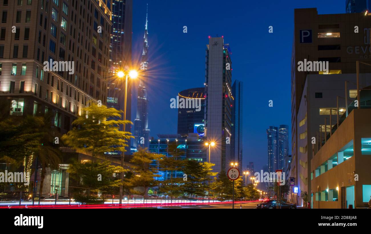 Light Trails On Dubai Financial Center Road Address Sky View And Ritz Carlton Hotel Can Be Seen In The Picture Outdoors Stock Photo Alamy