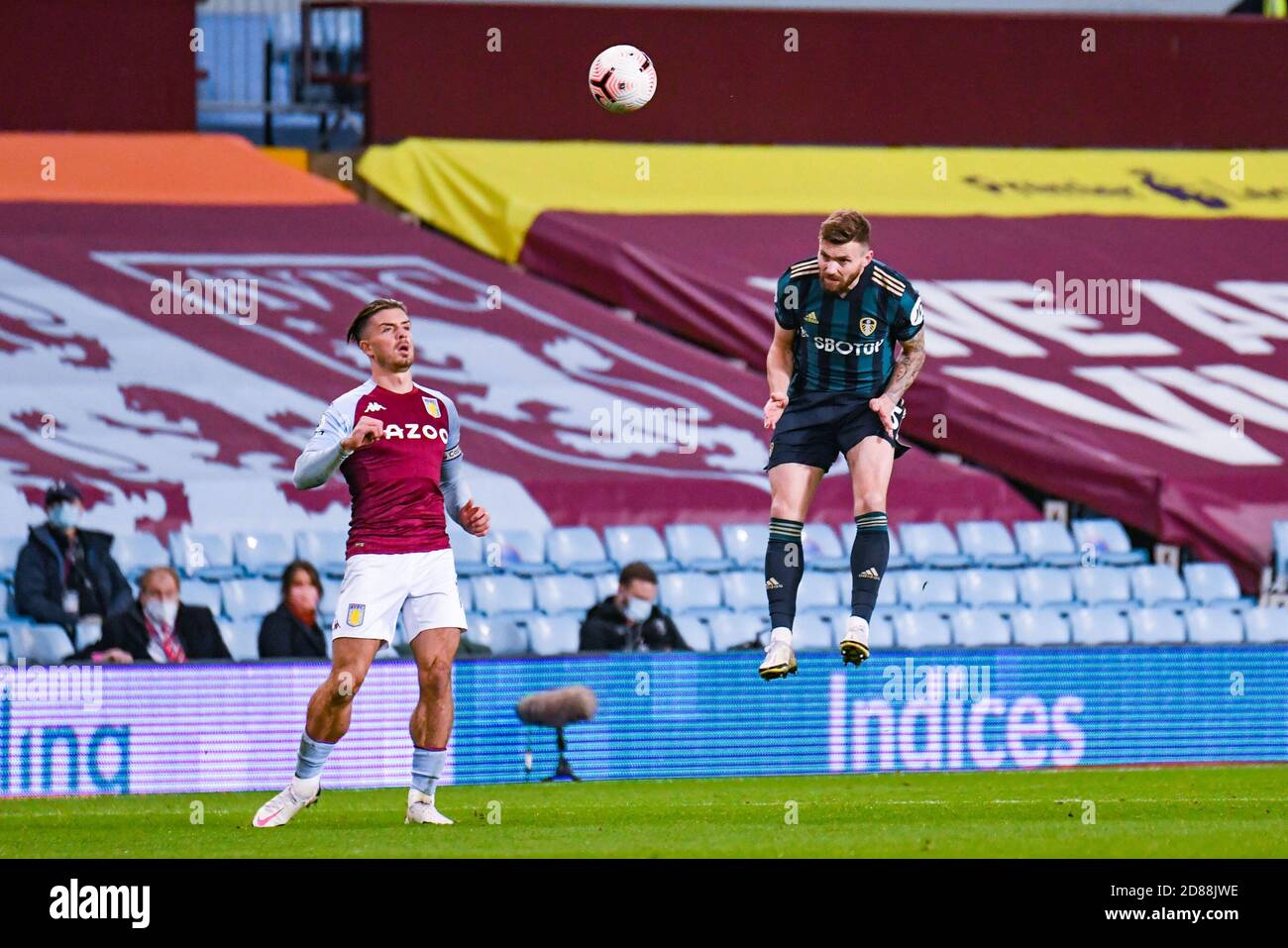 Leeds United defender Stuart Dallas (15) headers the ball during the English championship Premier League football match between Aston Villa and Leed C Stock Photo
